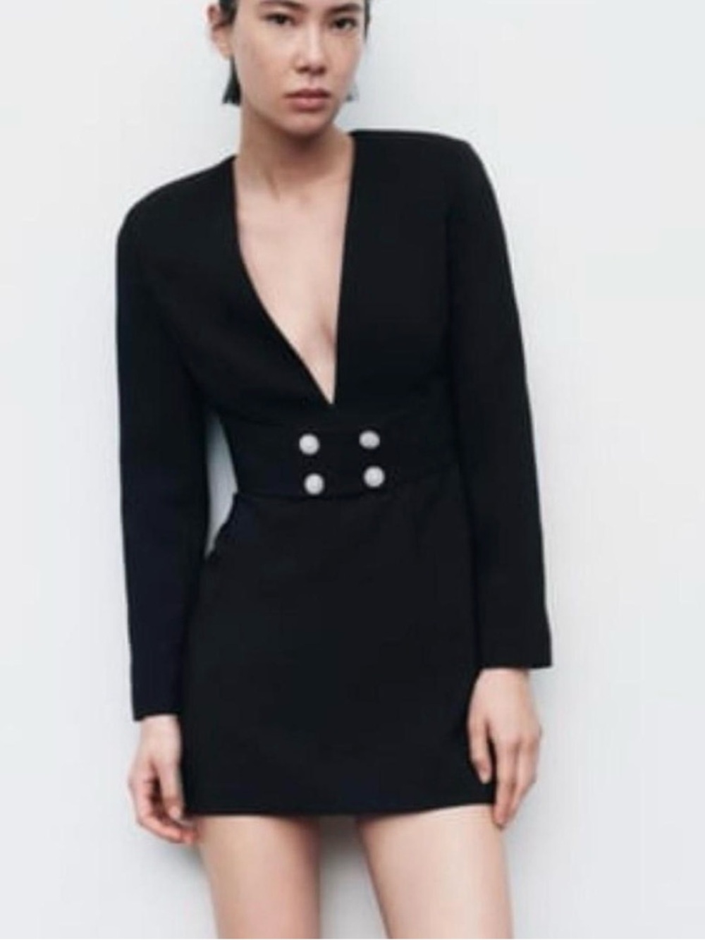 ZARA BLACK V-NECK BELTED mini DRESS w PEARL BEAD BUTTONS SIZE MED EUC